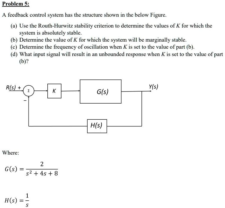 SOLVED: Problem 5: A feedback control system has the structure shown in ...