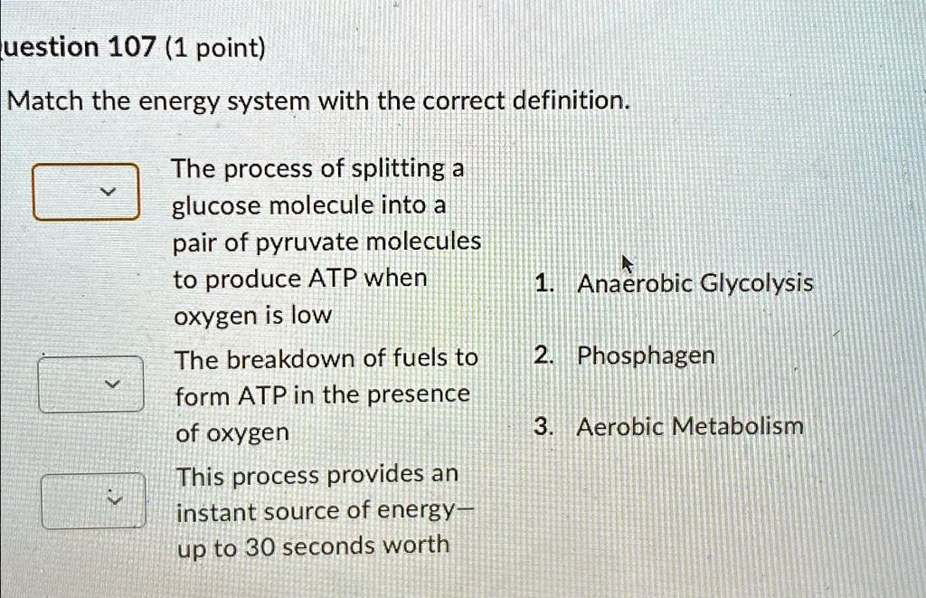 Question 107 (1 point) Match the energy system with the correct ...