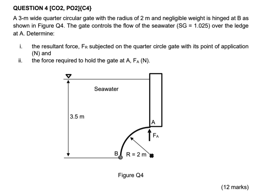 SOLVED: QUESTION 4 [CO2, PO2]C4 A 3 m wide quarter circular gate with a ...