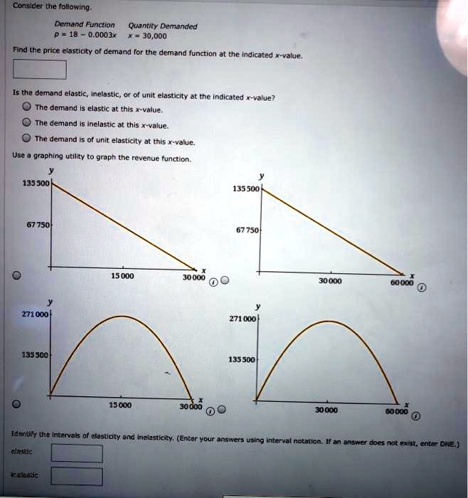 Consider the following.

Demand Function Quantity Demanded
p = 18 - 0.0003x x = 30,000

Find the price elasticity of demand for the demand function at the indicated x-value.

Is the demand elastic, inelastic, or of unit elasticity at the indicated x-value?
 The demand is elastic at this x-value.
 The demand is inelastic at this x-value.
 The demand is of unit elasticity at this x-value.

Use a graphing utility to graph the revenue function.

Identify the intervals of elasticity and inelasticity. (Enter your answers using interval notation. If an answer does not exist, enter DNE.)

elastic
inelastic