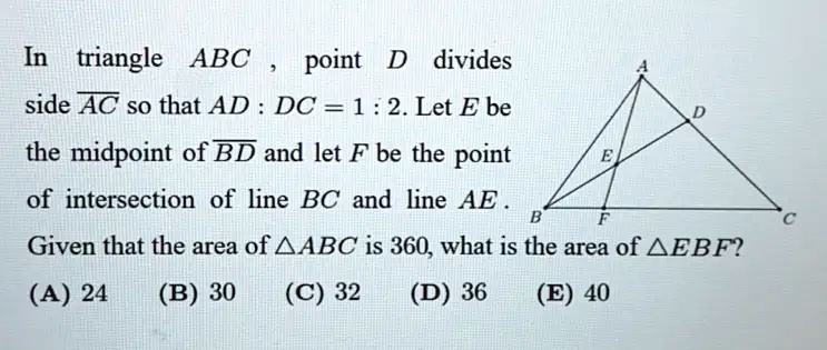 In triangle ABC, point D divides side AC so that AD : DC = 1 : 2. Let E ...