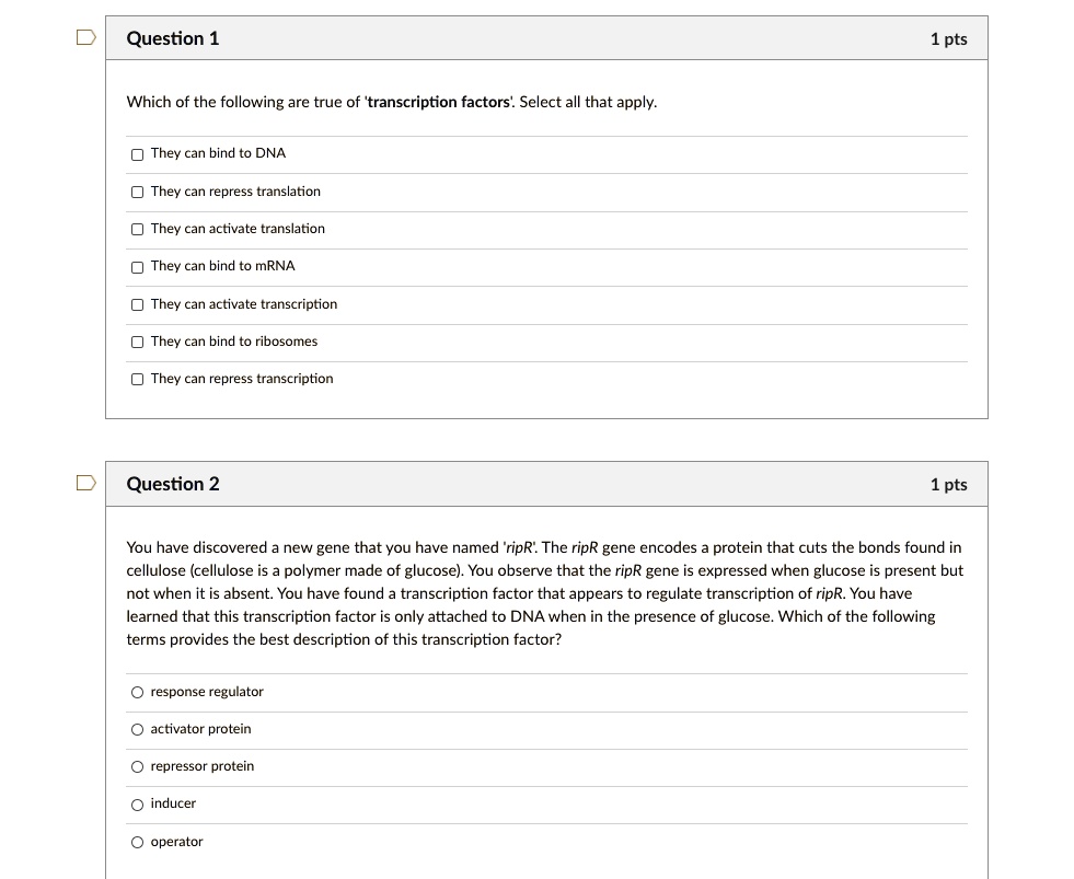 Solved:question 1 1 Pts Which Of The Following Are True Of �Transcription  Factors� Select All That Apply. They " Can Bind To Dna They Can Repress  Translation They Can Activate Translation They Solved:question 1 1 Pts Which Of The Following Are True Of �Transcription  Factors� Select All That Apply. They " Can Bind To Dna They Can Repress  Translation They Can Activate Translation They