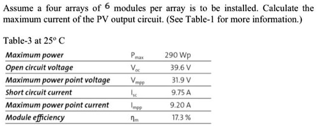 Max Module Efficiency assume four arrays of 6 modules per array is to be installed calculate ...