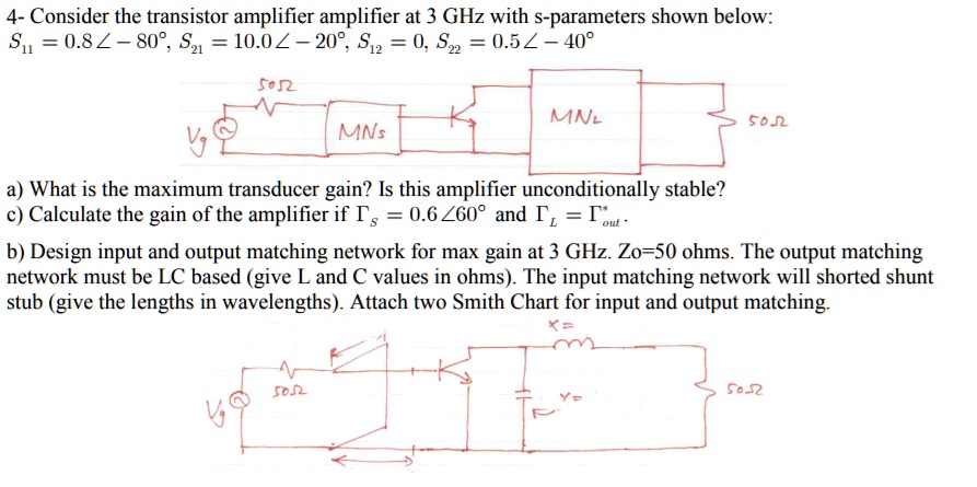 Consider the transistor amplifier at 3 GHz with S-parameters shown ...