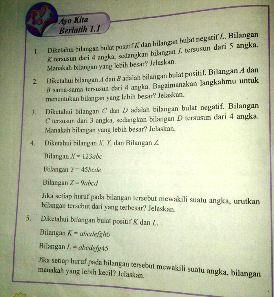 SOLVED: Tolong Jawab No 2,3,4,5 Ayo Kita Berlatih 1.1 Bulat Negatif = L ...