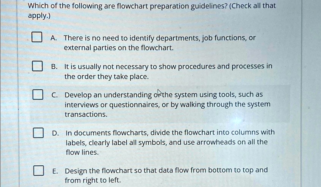 SOLVED: Which of the following are flowchart preparation guidelines ...