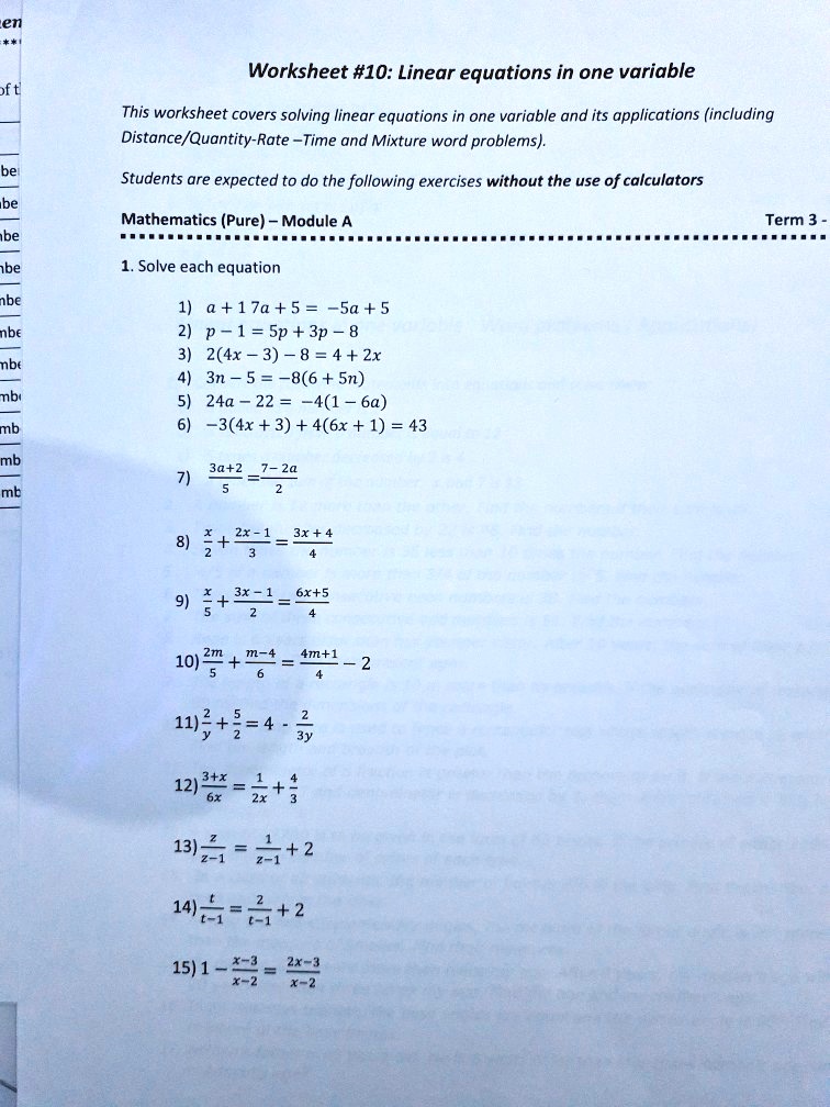 SOLVED: Worksheet #10: Linear equations in one variable This worksheet ...