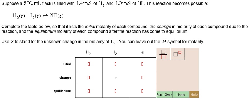 Suppose a 500. mL flask is filled with 1.4 mol of H2 and 1.3 mol of HI. This reaction becomes possible:
H2(g) + I2(g) ? 2HI(g)
Complete the table below, so that it lists the initial molarity of each compound, the change in molarity of each compound due to the
reaction, and the equilibrium molarity of each compound after the reaction has come to equilibrium.
Use x to stand for the unknown change in the molarity of I2. You can leave out the M symbol for molarity.
	H2	I2	HI
initial			
change		x	
equilibrium			