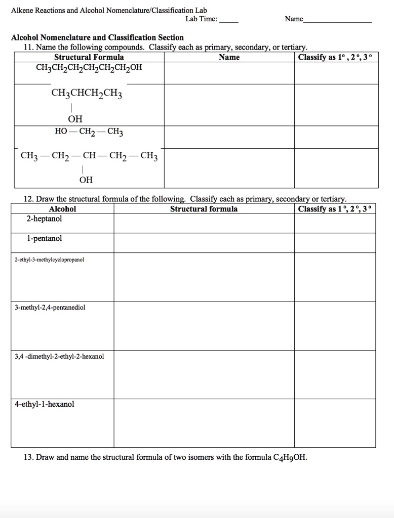 SOLVED:Alkenc Reactions and Alcohol Nomenclaturc Classification Lab Lab ...