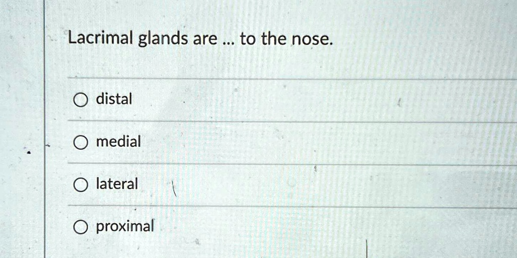 Lacrimal glands are ... to the nose. distal medial lateral proximal ...