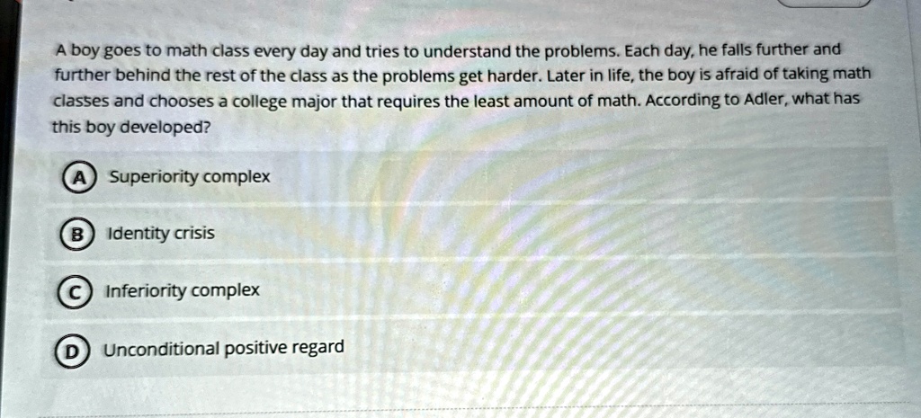 a boy goes to math class every day and tries to understand the problems each day he falls further and further behind the rest of the class as the problems get harder later in life the boy is 30346