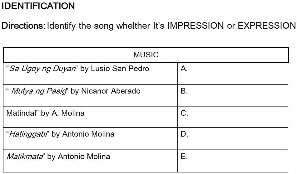 impressionism or expressionism identification directions identify the song whelther its impression or expression music sa ugoy ng duyanr by lusio san pedro a mutya ng pasig by nicanor aberad 36045