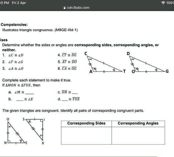 Corresponding Sides And Corresponding Angles Worksheets
