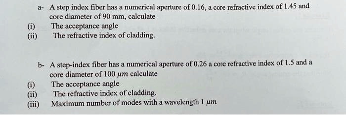 a- A step index fiber has a numerical aperture of 0.16, a core ...