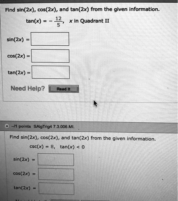 Find Sin 2x Cos 2x And Tan 2x From The Given Inf Itprospt