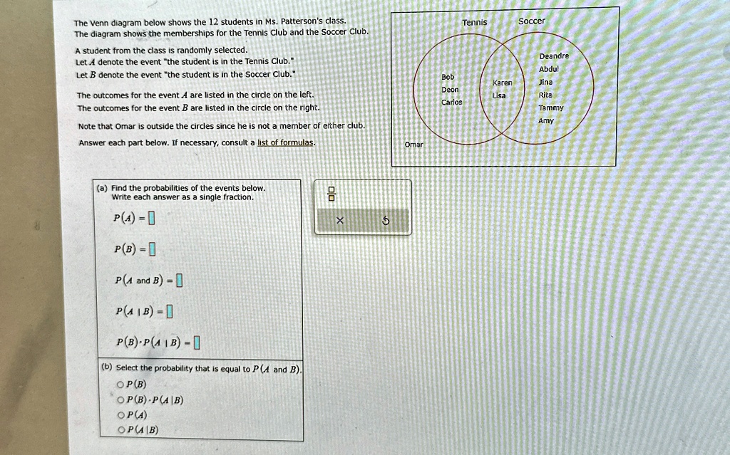 the venn diagram below shows the 12 students in ms pattersons class the ...