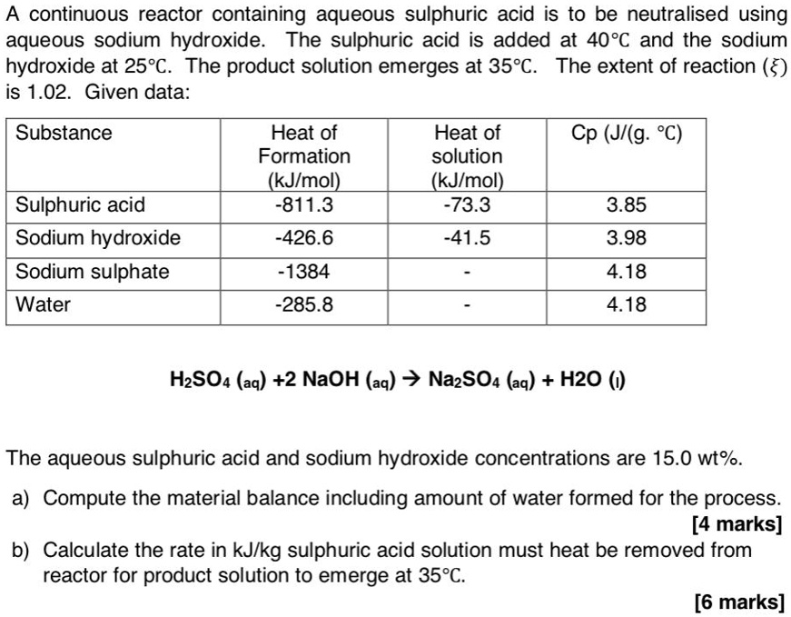 SOLVED A continuous reactor containing aqueous sulphuric acid is to be