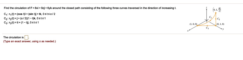 Find the circulation of F = 8xi + 9zj + 6yk around the closed path consisting of the following three curves traversed in the direction of increasing t.

C?: r?(t) = (cos t)i + (sin t)j + tk, 0 ? t ? ? / 2
C?: r?(t) = j + (? / 2)(1 - t)k, 0 ? t ? 1
C?: r?(t) = ti + (1 - t)j, 0 ? t ? 1

The circulation is [ ].
(Type an exact answer, using ? as needed.)