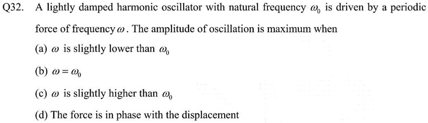 Q32. A lightly damped harmonic oscillator with natural frequency ω0 is driven by a periodic force of frequency ω. The amplitude of oscillation is maximum when
(a) ω is slightly lower than ω0
(b) ω = ω0
(c) ω is slightly higher than ω0
(d) The force is in phase with the displacement