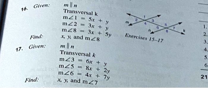 Solved Given Iln Transversal Mzi Sr Mz2 31 Mzs 30 Sy 1 And Mzs Il N Trans Versal K Mz3 61 Mzs 84 Mz6 4r Y 4 And M27 16 Find 17 Given Find Exencises 15 17