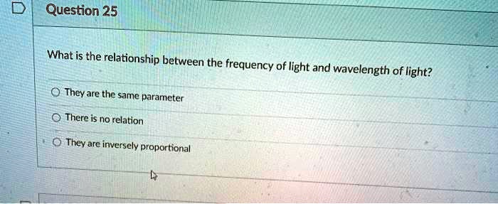 What is the relationship between the frequency of light and wavelength of light?

They are the same parameter
There is no relation
They are inversely proportional
