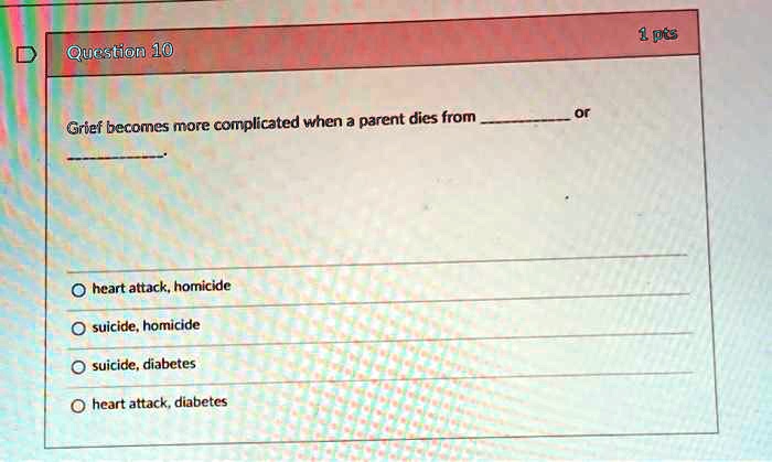 Question 10
Grief becomes more complicated when a parent dies from  or 
heart attack, homicide
suicide, homicide
suicide, diabetes
heart attack, diabetes
1 pts