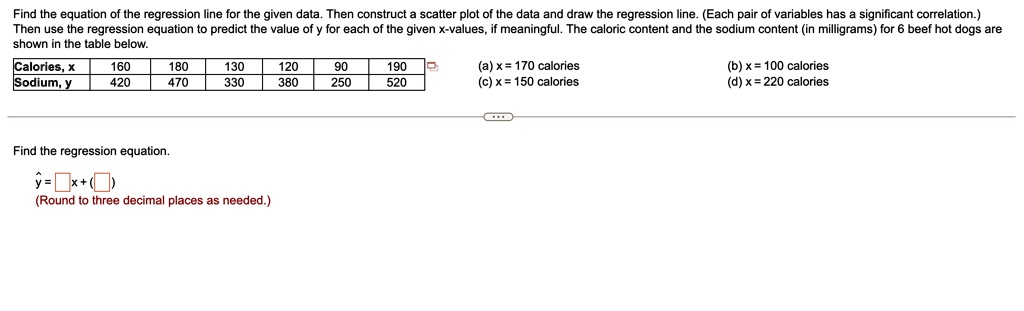 SOLVED: Find the equation of the regression line for the given data ...