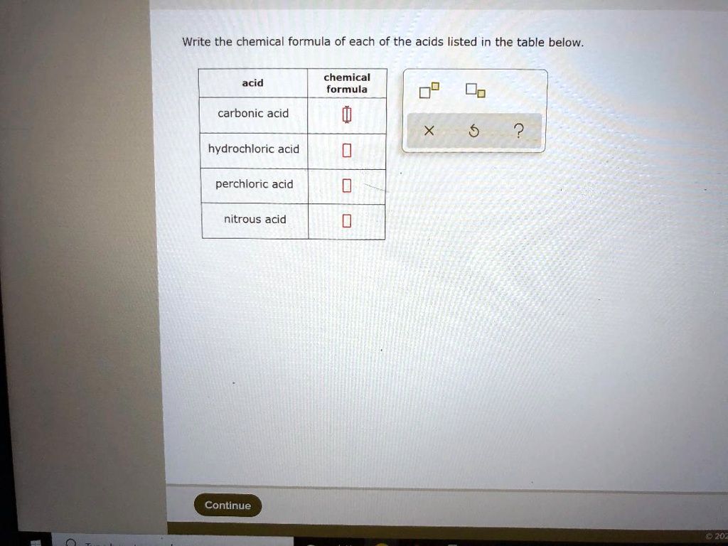 Write the chemical formula of each of the acids listed in the table