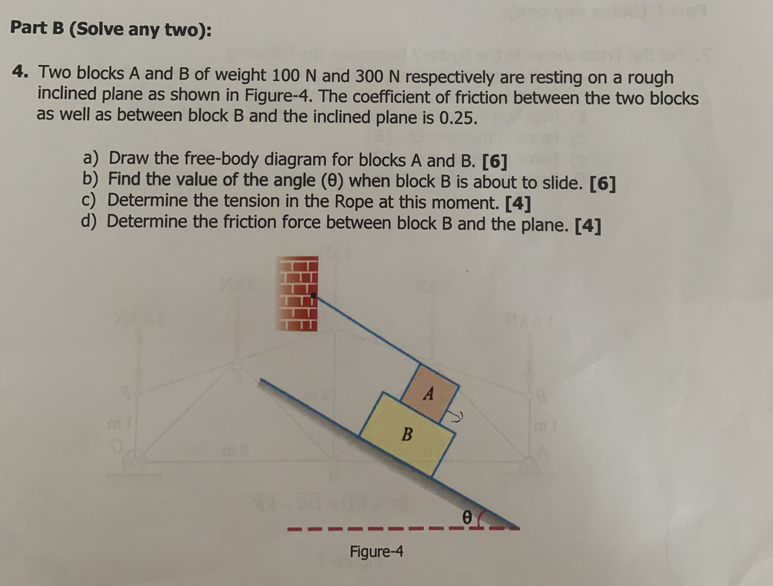 Part B (Solve any two) 4. Two blocks A and B of weight 100 N and 300 N