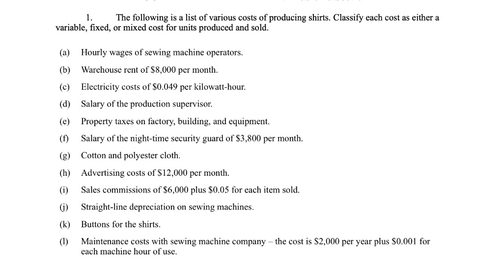 VIDEO solution The following is a list of various costs of producing