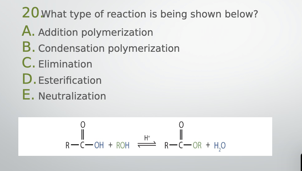 SOLVED: 20 .What Type Of Reaction Is Being Shown Below? A. Addition ...