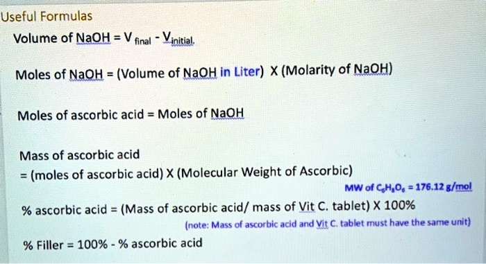 SOLVED: Useful Formulas Volume of NaOH = Vfinal - Vinitial; Moles of