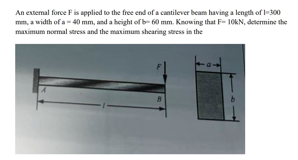 an external force f is applied to the free end of a cantilever beam having a length of l300 mm a width of a 40 mm and a height of b 60 mm knowing that f 10kn determine the maximum normal str 65427