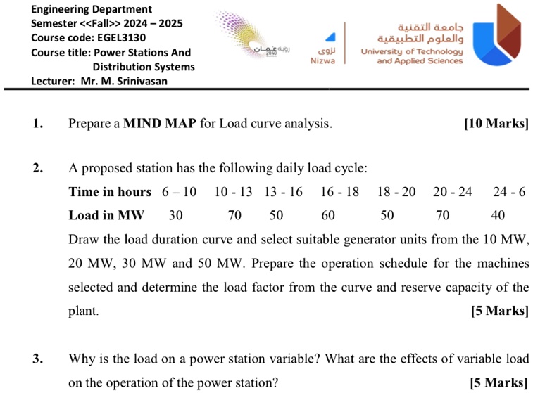 Engineering Department
Semester <<Fall>> 2024-2025
Course code: EGEL3130
Course title: Power Stations And
Distribution Systems
Lecturer: Mr. M. Srinivasan
1. Prepare a MIND MAP for Load curve analysis.  [10 Marks]
2. A proposed station has the following daily load cycle:
Time in hours 6-10 10-13 13-16 16-18 18-20 20-24 24-6
Load in MW 30 70 50 60 50 70 40
Draw the load duration curve and select suitable generator units from the 10 MW,
20 MW, 30 MW and 50 MW. Prepare the operation schedule for the machines
selected and determine the load factor from the curve and reserve capacity of the
plant.  [5 Marks]
3. Why is the load on a power station variable? What are the effects of variable load
on the operation of the power station?  [5 Marks]
