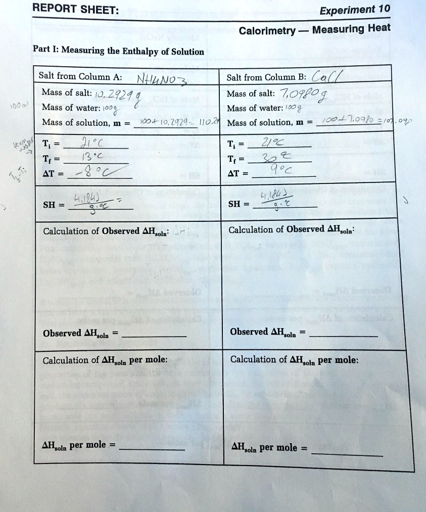 SOLVED repoRT SHEET Experiment 10 Calorimetry Measuring Heat Part I