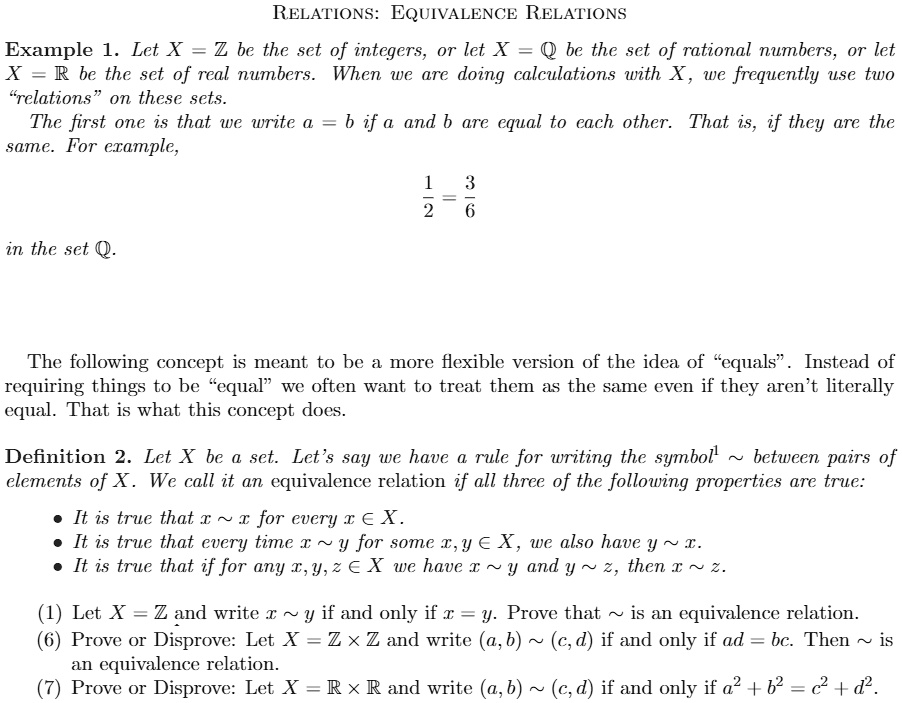 SOLVED: RELATIONS: EQUIVALENCE RELATIONS Example 1: Let X = Z be the ...