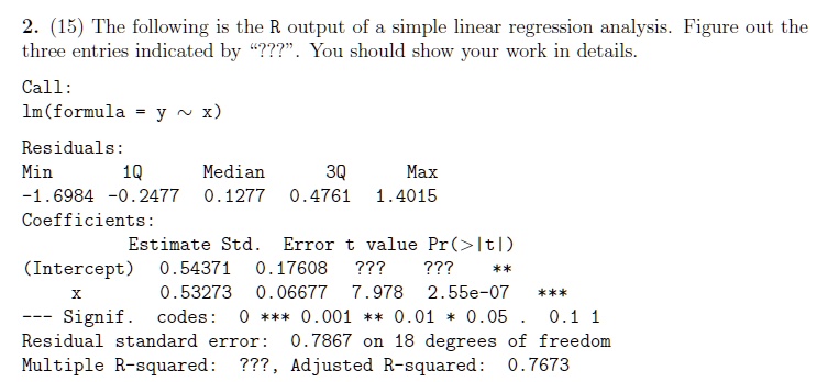 2 15 the following is the r output of a simple linear regression ...