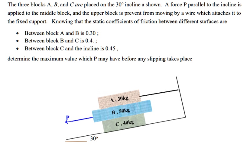 The three blocks A, B, and C are placed on the 30° incline a shown. A force P parallel to the incline is applied to the middle block, and the upper block is prevent from moving by a wire which attaches it to the fixed support. Knowing that the static coefficients of friction between different surfaces are

• Between block A and B is 0.30 ;
• Between block B and C is 0.4. ;
• Between block C and the incline is 0.45 ,

determine the maximum value which P may have before any slipping takes place