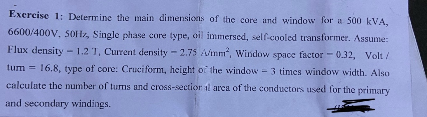 exercise 1 determine the main dimensions of the core and window for a ...