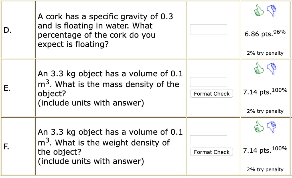 SOLVED A cork has a specific gravity of 0.3 and is floating in water
