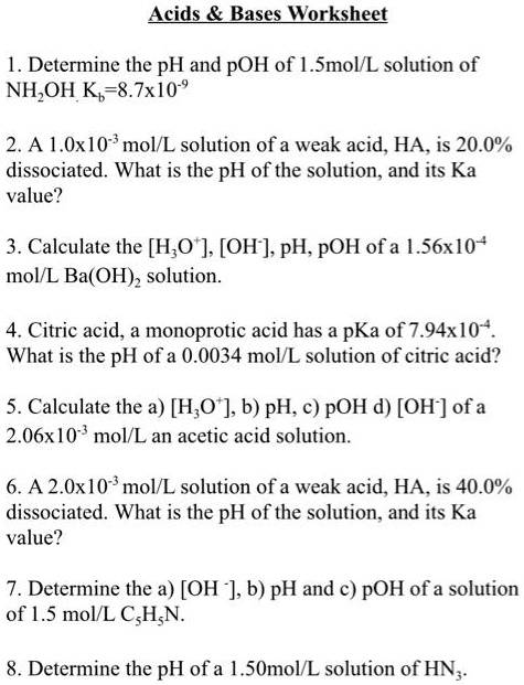 SOLVED: 1. Determine the pH and pOH of a 1.0 mol/L solution of NH4OH ...