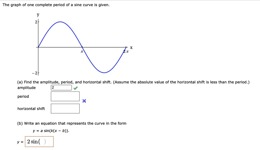 The graph of one complete period of a sine curve is given.
y
2
x
?
2?
-2
(a) Find the amplitude, period, and horizontal shift. (Assume the absolute value of the horizontal shift is less than the period.)
amplitude 2
period
horizontal shift
(b) Write an equation that represents the curve in the form
y = a sin(k(x - b)).
y = 2 sin()
