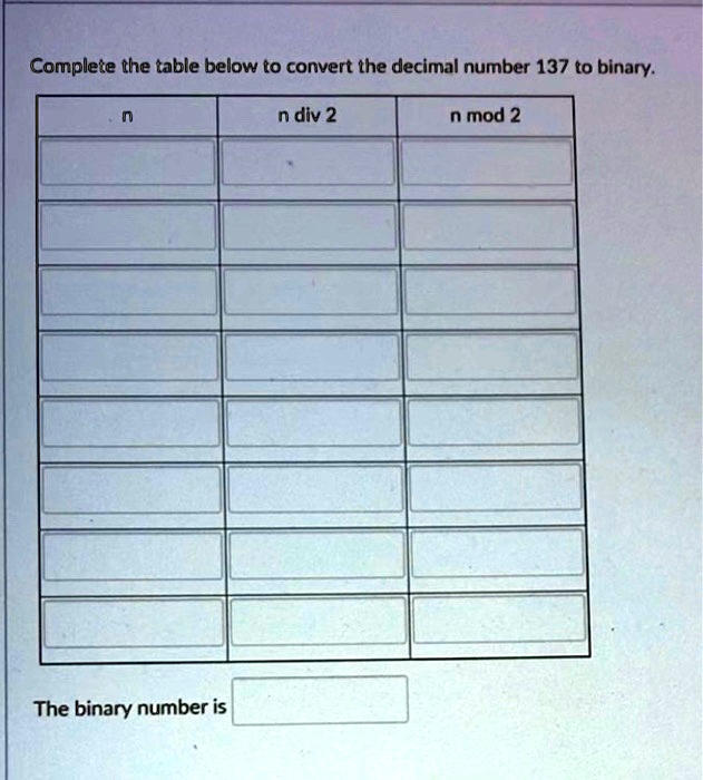 Complete the table below to convert the decimal number 137 to binary. n ...