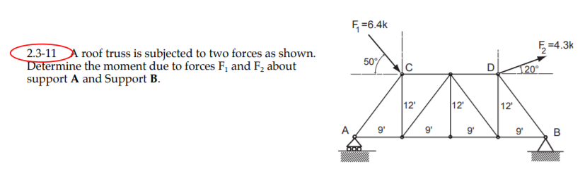 a roof truss is subjected to two forces as shown determine the moment due to forces f1 and f2 about support a and support b
