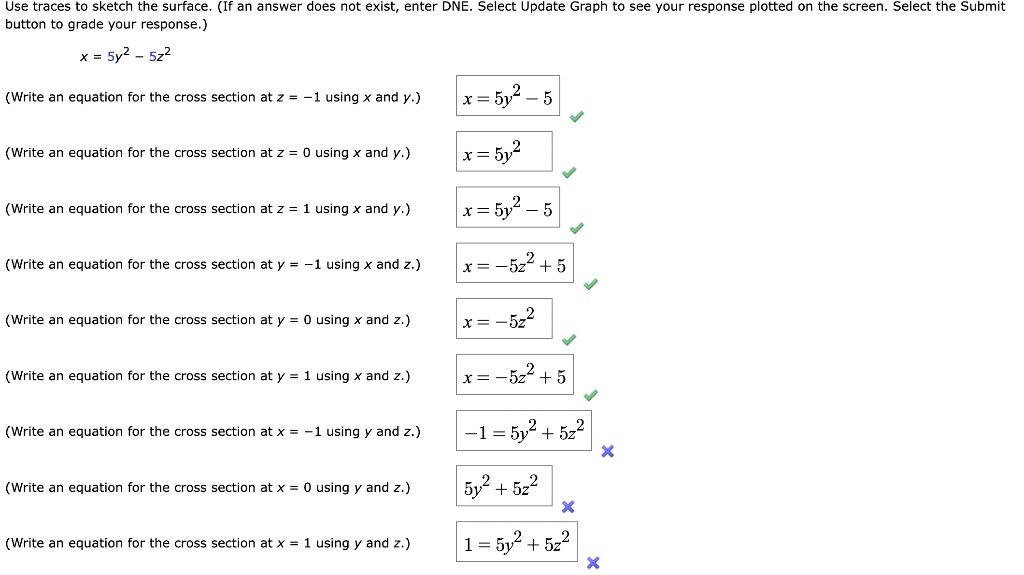Use traces to sketch the surface. (If an answer does not exist, enter DNE. Select Update Graph to see your response plotted on the screen. Select the Submit button to grade your response.)
x = 5y^2 - 5z^2
(Write an equation for the cross section at z = -1 using x and y.)
(Write an equation for the cross section at z = 0 using x and y.)
(Write an equation for the cross section at z = 1 using x and y.)
(Write an equation for the cross section at y = -1 using x and z.)
(Write an equation for the cross section at y = 0 using x and z.)
(Write an equation for the cross section at y = 1 using x and z.)
(Write an equation for the cross section at x = -1 using y and z.)
(Write an equation for the cross section at x = 0 using y and z.)
(Write an equation for the cross section at x = 1 using y and z.)