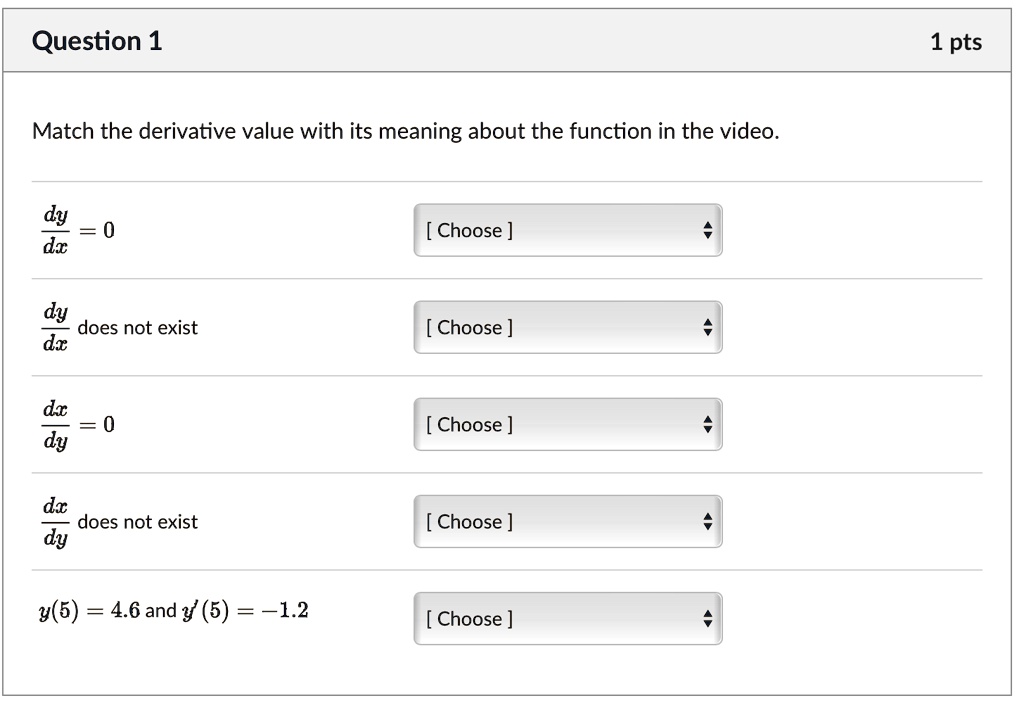 SOLVED: Question 1 1 pts Match the derivative value with its meaning ...