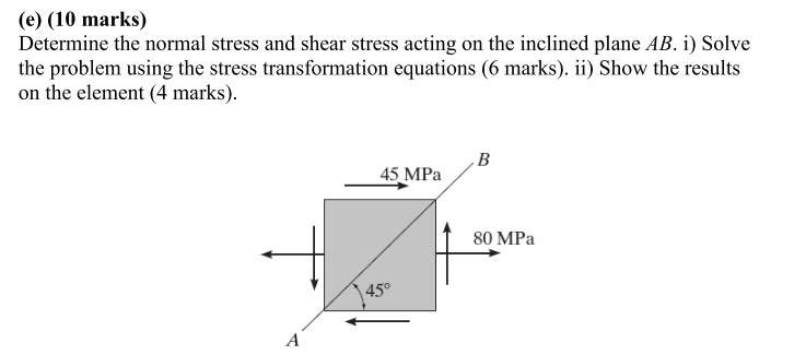 (e) (10 marks)
Determine the normal stress and shear stress acting on the inclined plane AB. i) Solve
the problem using the stress transformation equations (6 marks). ii) Show the results
on the element (4 marks).
