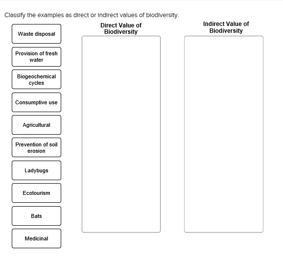 Classify the examples as direct or Indirect values of biodiversity.
Waste disposal
Direct Value of Biodiversity
Indirect Value of Biodiversity
Provision of fresh water
Biogeochemical cycles
Consumptive use
Agricultural
Prevention of soil erosion
Ladybugs
Ecotourism
Bats
Medicinal