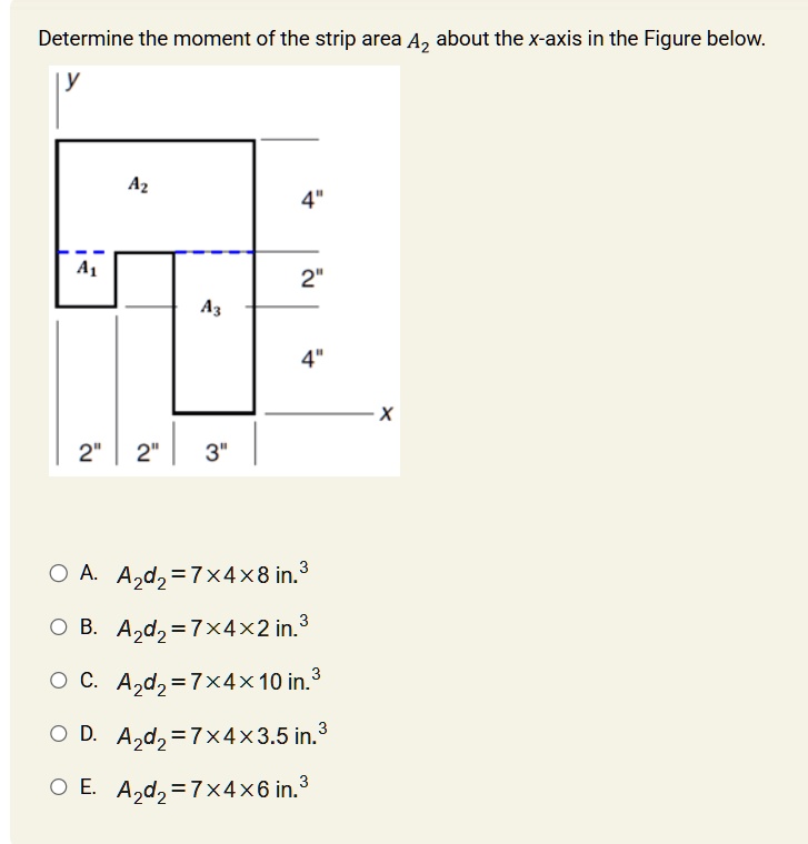 determine the moment of the strip area a2 about the x axis in the figure below y a2 4 a1 2 a3 4 x 2 2 3 a a2d2 7 times 4 times 8 in3 b a2d2 7 times 4 times 2 in3 c a2d2 7 times 4 t 66639