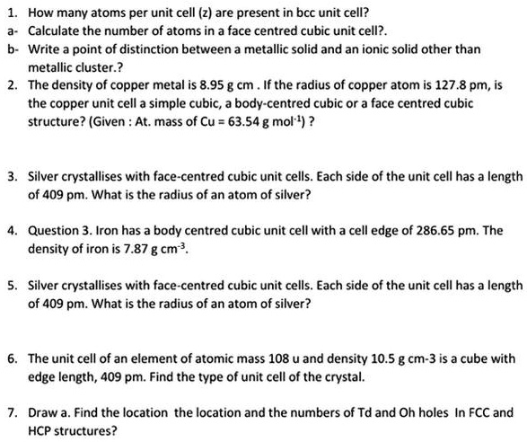 SOLVED: 1.How many atoms per unit cell(z) are present in bcc unit cell ...